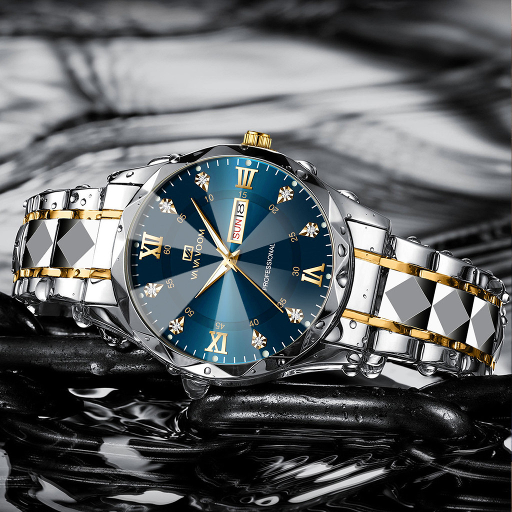 Men Watch Water Diamond Luxury Night Glow Double Calendar Quartz Movement 41mm Blue Gold Stainless