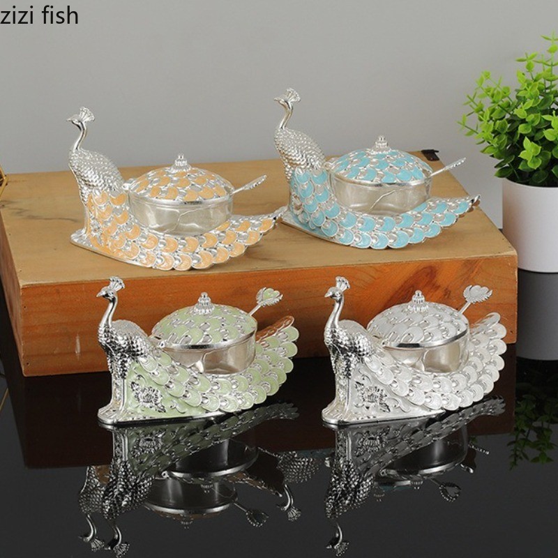 Peacock Seasoning Jar Zinc Alloy Glass Seasoning Box Kitchen Salt Jar Spice Jar with Cover Spice