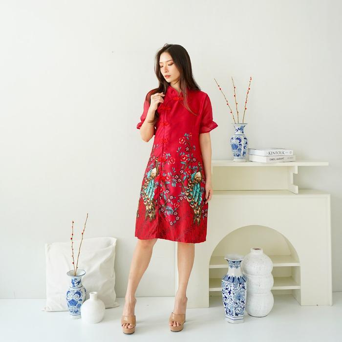 TD912 CHEONGSAM IMLEK Dress Wanita Satin Printing Motif Batik Modern Cheongsam Imlek - Merah IMLEK B