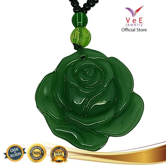 Kalung Liontin Batu Giok Hijau Ukiran Bunga Mawar - Panjang 65cm