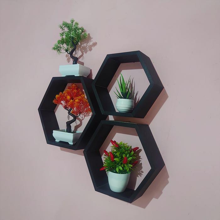 Esttu Store Rak Segi Enam 3 Pcs-Rak Dinding Hexsagonal Minimalis Kayu Multiplex 12 Mm Anti Air &