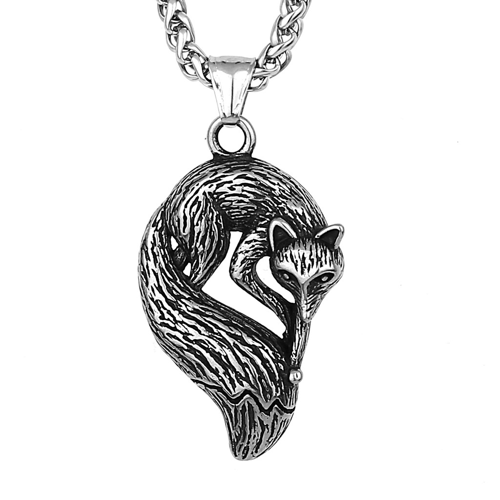 Vintage Stainless Steel Animal Fox Pendant Necklace Men Women Fashion Black Gun Plated Necklace
