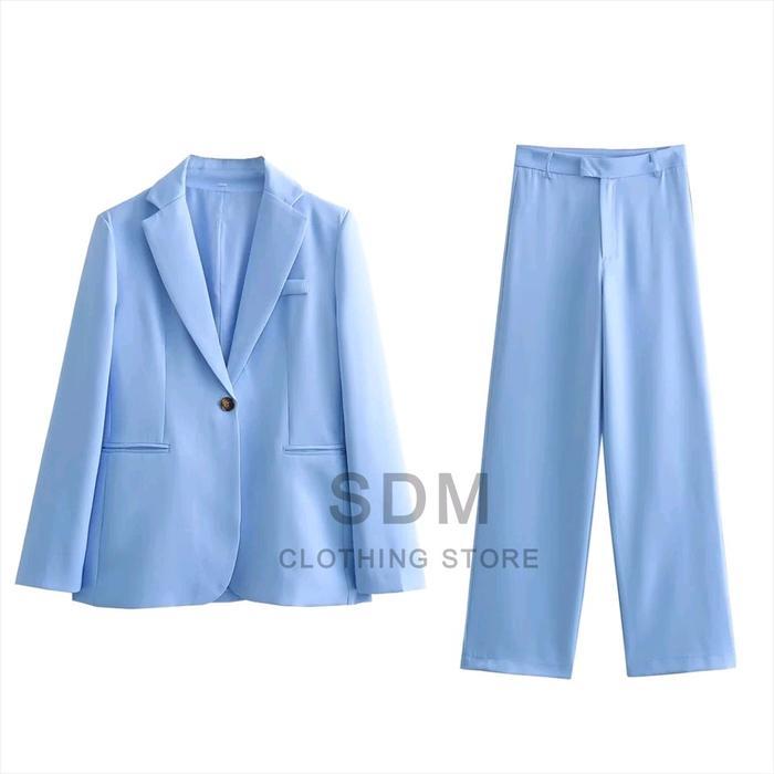 Setelan Jas Wanita Semi Formal Biru Muda - Biru Muda, S