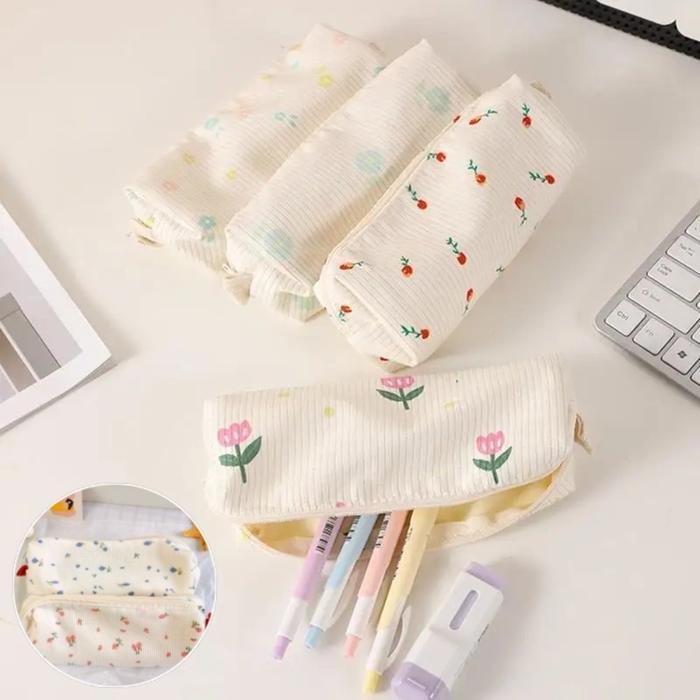 Tepak Pensil Korea Estetik Aesthetic Lucu / Kotak Pencil Case Minimalis Flower Cute Kain Bolpen
