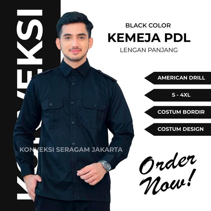 JUMBO-Baju Kemja PDL Kemeja PDL Lengan Panjang Pria Bahan American Drill - Hitam, XXXL Lengan Panjan