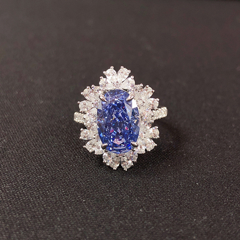 Luxury Solid Platinum PT950 Women's Blue 4 karat Oval Diamond Ring