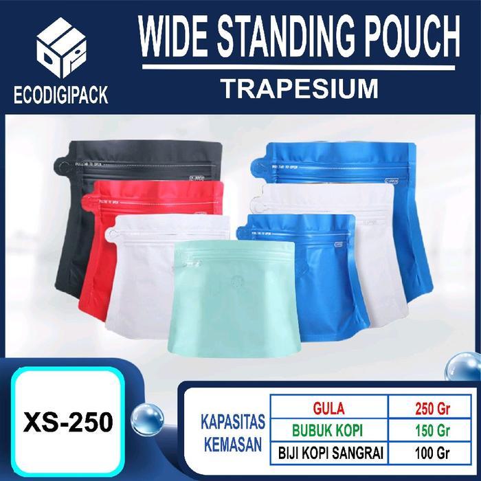 KEMASAN KOPI 100 GRAM TRAPESIUM STANDING POUCH VALVE XS-250 ZIPPER PACKAGING COFFEE BAG PREMIUM