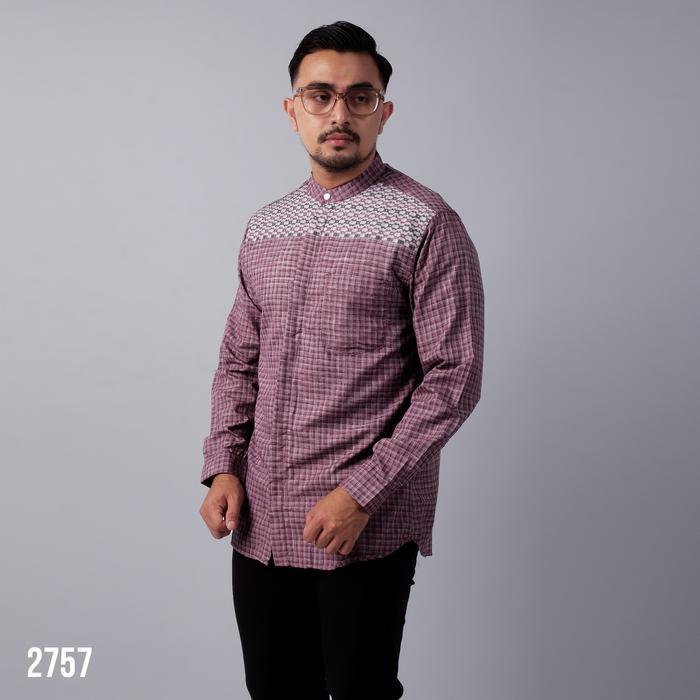 DGM Koko Pria Baju koko pria lengan panjang bordir motif anyam arsir lavender tua ukuran L Pria Leng