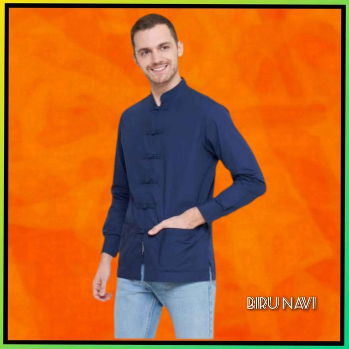 Kemeja Cheongsam Pria Lengan Panjang Biru Navi