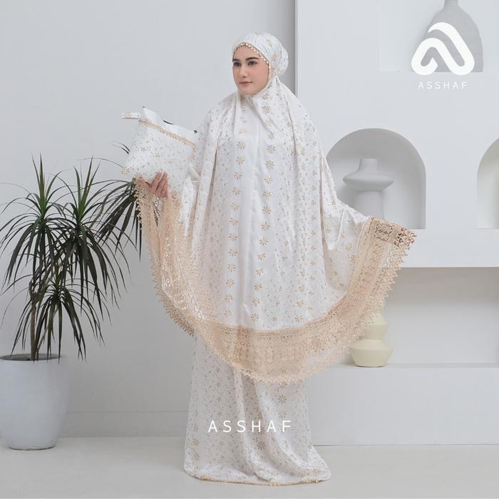 ASLI ASSHAF - Mukena Dewasa Full Bordir Sutra Milo Prada Mewah Putih Atasan Muslim Mukenah Wanita