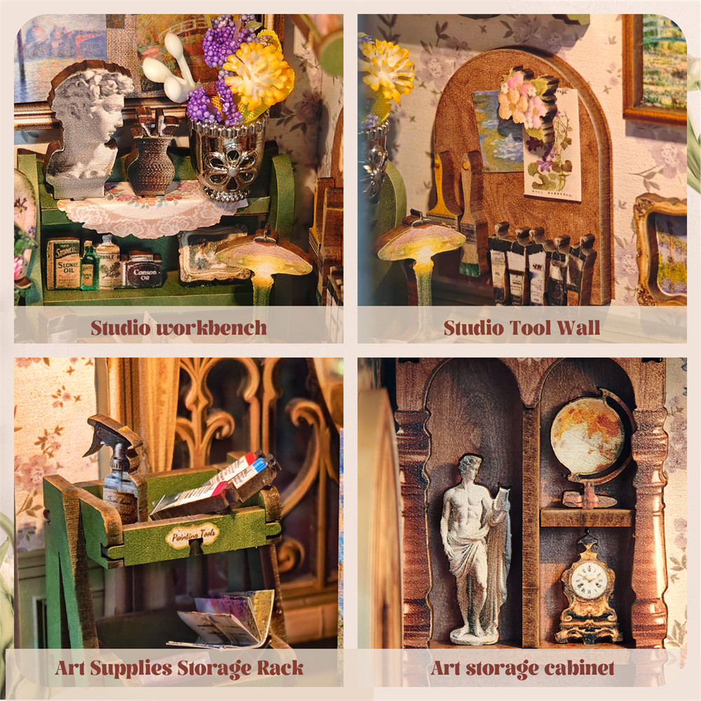 NEW DIY Wooden Book Nook Figurines Miniature Kits Monet's Impression Bookshelf Home Bookend