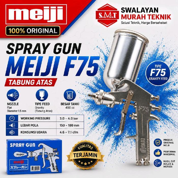 Meiji F75G Spraygun Tabung Atas Asli Taiwan F-75 Original Spray Gun Gravity Dengan Nozzle Flat 1.5