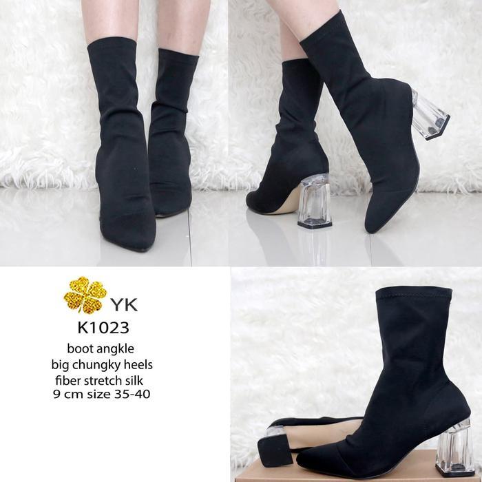 YKshoes 1023 angkle Sepatu Ankle Boots Elastis Heels 9cm Hak Kaca Wanita Hitam boot elastis heels 9 