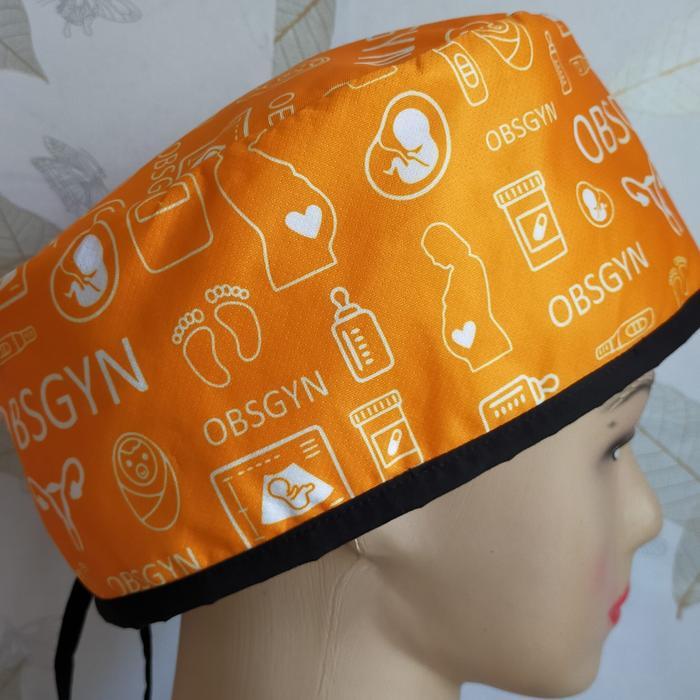 Obsgyn Orange Scrub Topi Scrub Hat Dokter Printing Motif Obsgyn Orange