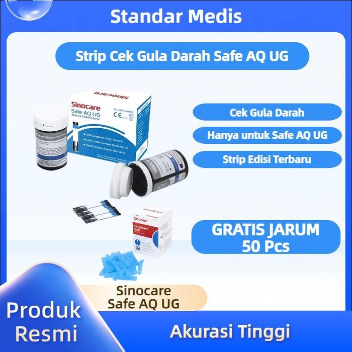 Sinocare Safe AQ UG Strip Alat tes Gula Darah (50 Strip) Gratis Alat | Cek Gula Darah | Strip Gula D