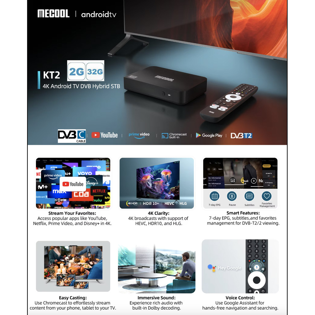 Global version MECOOL KT2 android DVB-T2 TV Box dvb t2 hybrid Amlogic S905Y4 Chromecast 2.4G&5G wifi
