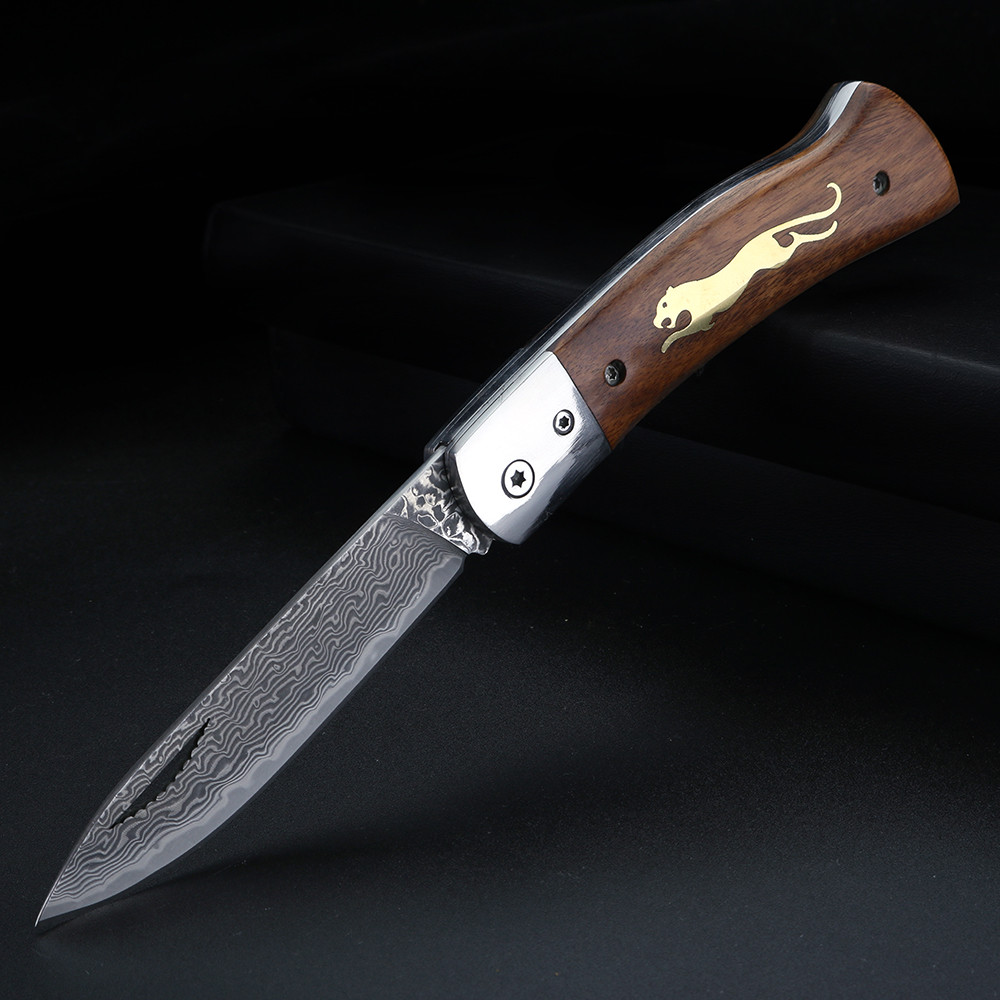 Brass Cheetah Damascus Steel Folding Knife Portable outdoor fruit knife camping multifunctional