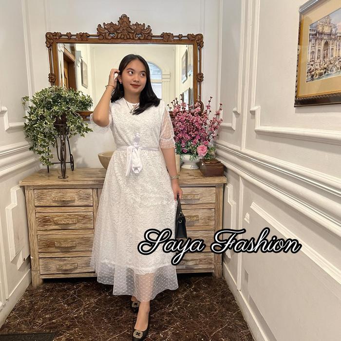 Dress Brokat Kombi Tile Putih Premium 339 Dress Panjang Pesta Cantik Ige02