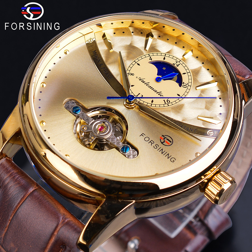 Forsining Moon Phase Automatic Watch Royal Men's Golden Mechanical Wristwatches Casual Genuine