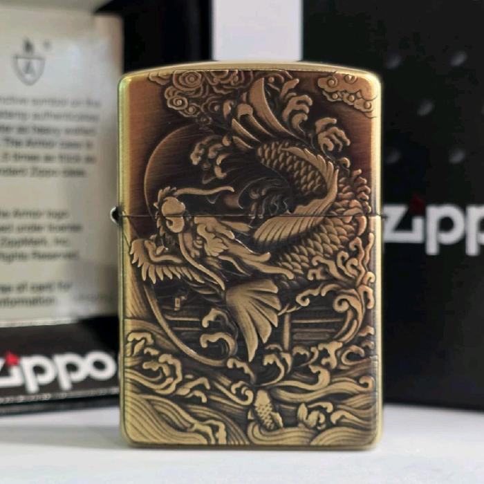 Zippo Chinese Crane Bangau Bird And Koi Fish Gold 2 Sisi Japan Finish