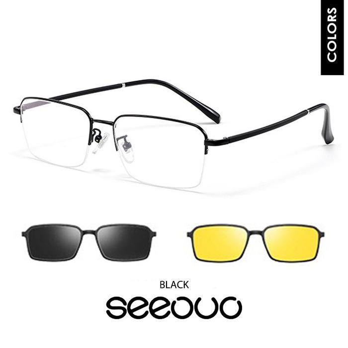 Seeouo Frame Clip Kacamata Clip On 3in1 Bahan Titanium Lensa Polarized Night Vision Model Kotak Half