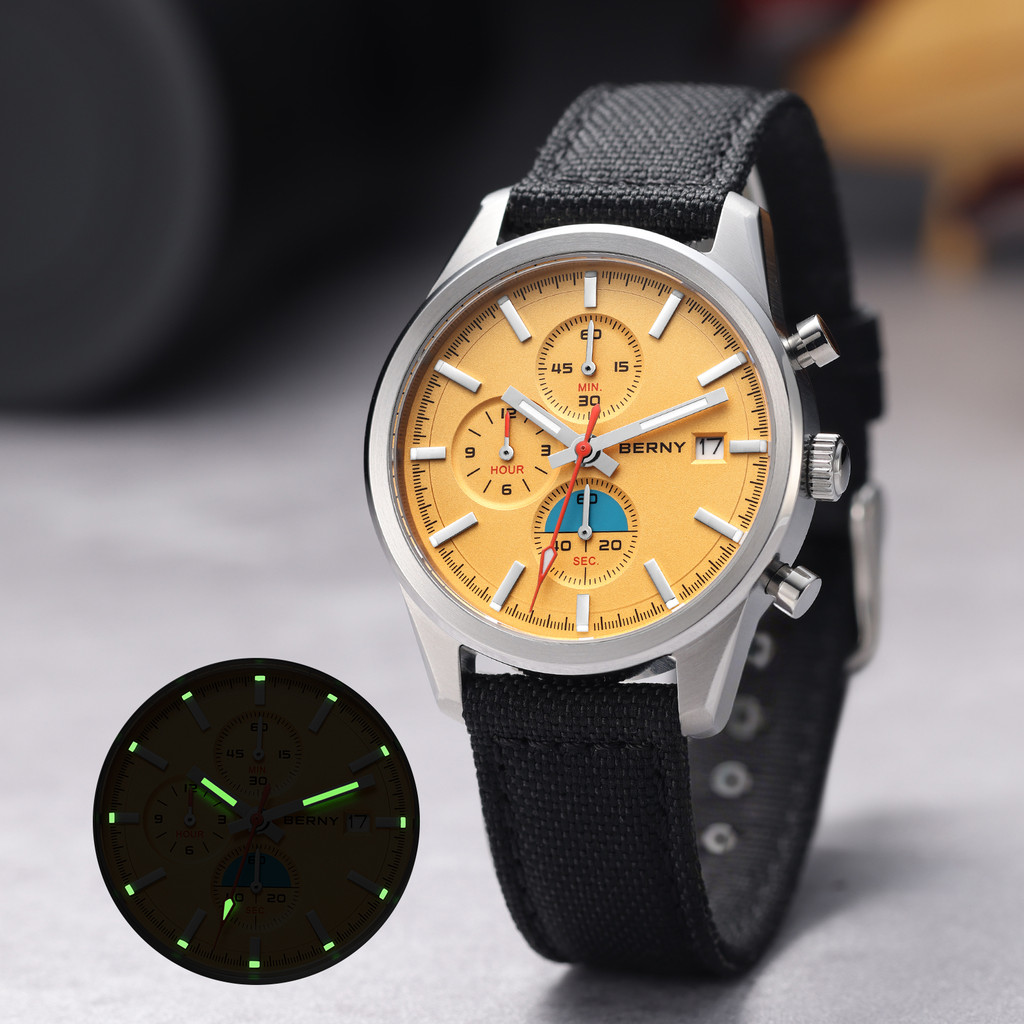 BERNY Chronograph Quartz Men Watch Luminous Miyota OS10 Top Luxury AR Coated Sapphire 5ATM