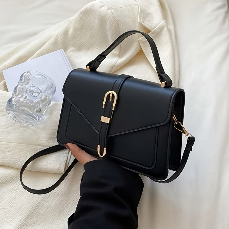 Fashionable Minimalist Crossbody Bag with Top Handle and Flap for Women - Solid Color Square Purse