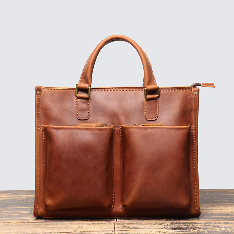 Vintage Men's Real Leather Handbag Top Layer Cowhide Lightweight Briefcase Work Commuting Briefcase