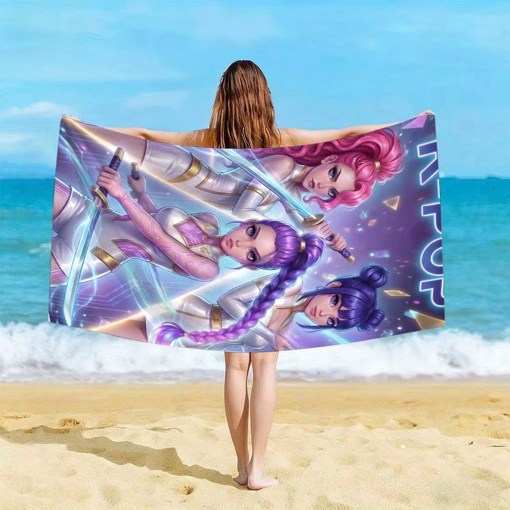 K-pop Idol Style Beach Towel Flat Print Anime Warrior Girls Graphic Bath Towel for Fan Gift Summer