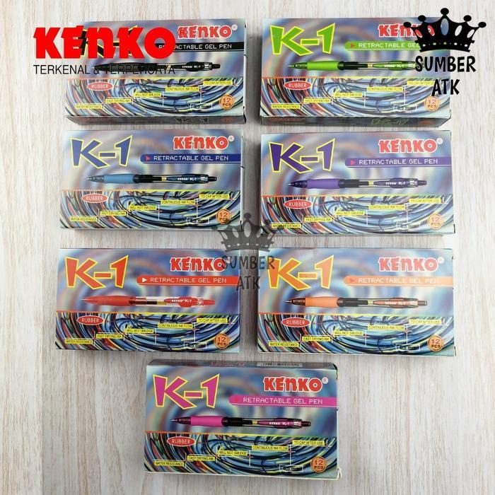 Pena / Pulpen Kenko Gel Pen K-1 Retractable Lusin / 12 Pcs Hitam Biru Merah Pink Hijau Ungu Orange