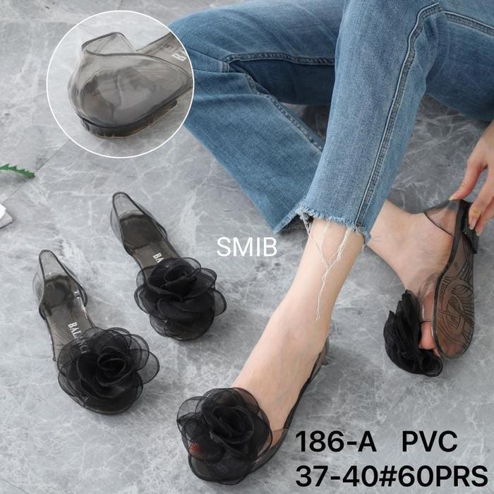 Sepatu Sandal Wanita Karet Jelly Import Balance Motif Bening Bunga Pvc / 186-A Pasti Promo