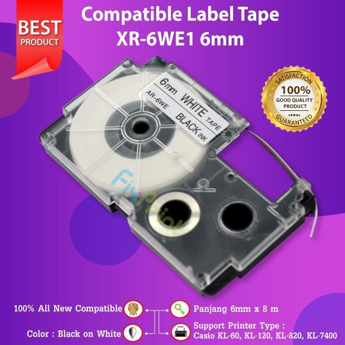LABEL TAPE CASIO XR-6WE1 BLACK ON WHITE 6MM PRINTER KL60 KL820 KL7400