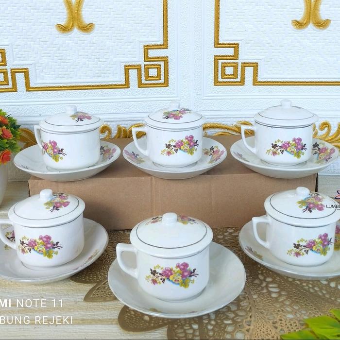 Premium 1Set Cangkir Keramik Jadul Lengkap Tutup, Cangkir Kopi Keramik Jadoel / Cangkir Warkop