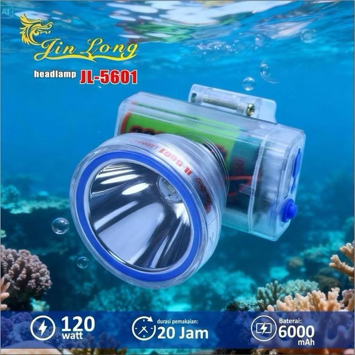 Jinlong Senter Kepala Selam Waterproof JL 5601 120Watt Cahaya Putih 6000Mah Desain Waterproof