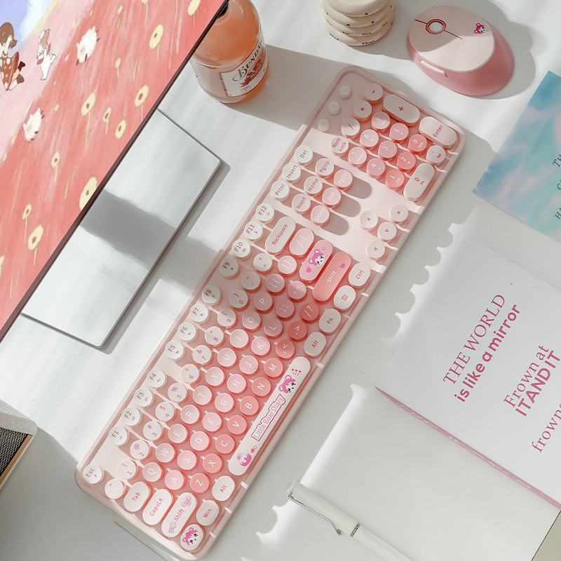MOFII Pink Cute Wireless Keyboard and Mouse Combo, Round Keycaps Full Size 2.4G Wireless Keyboard