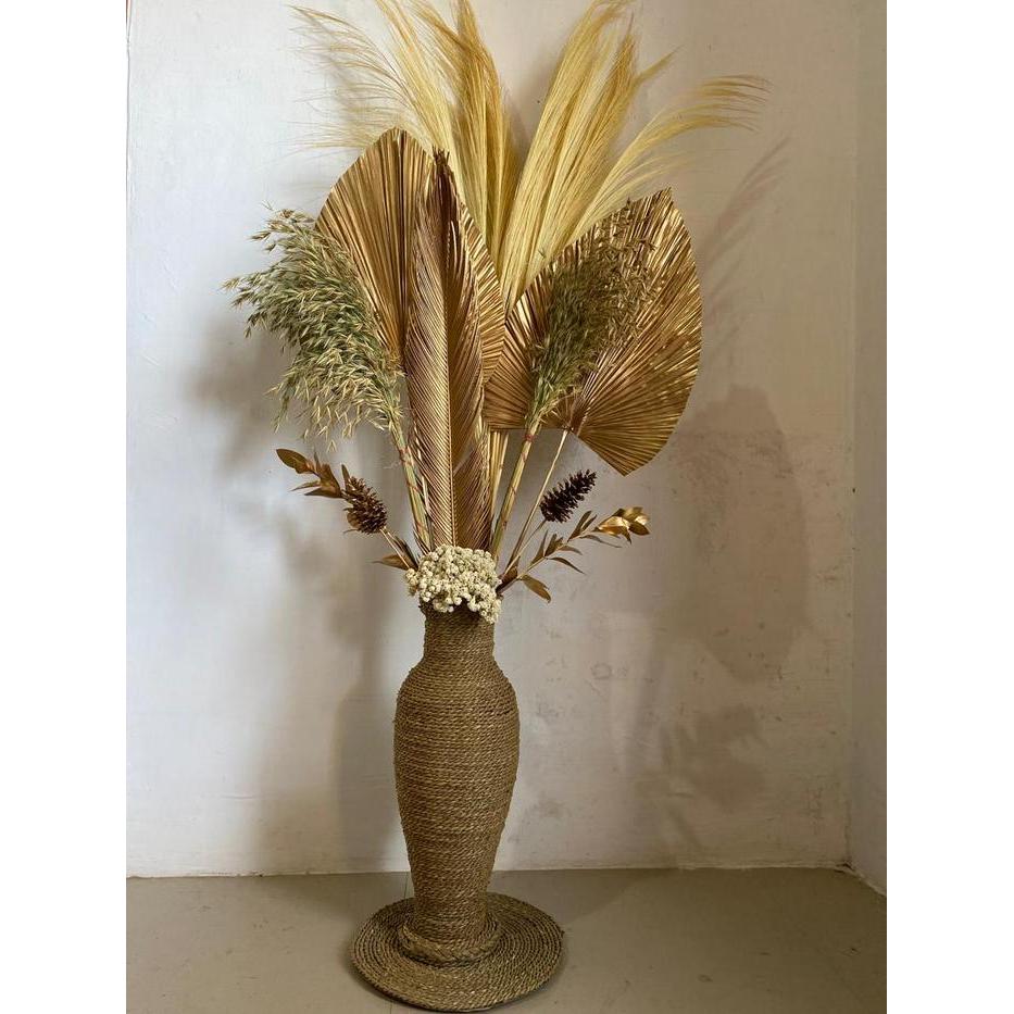 Paket Bunga Kering dan Pot Besar/ Dekorasi Rustic/ Daun Palem Kering/ Pampas Kering/ Dekorasi Rustic
