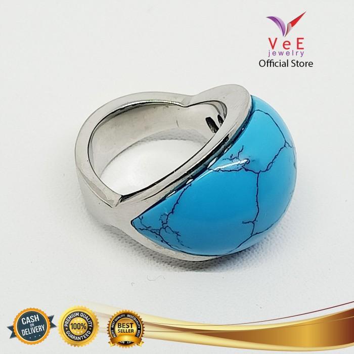 Cincin Titanium Batu Pirus Biru Oval Pria Wanita Ukuran 6