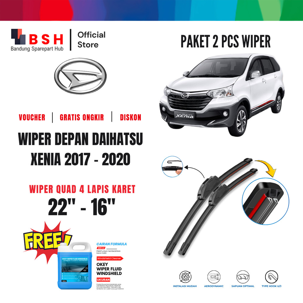 Wiper Daihatsu Xenia 2017-2020 Quad Kaca Depan Mobil Free Wiper Fluid