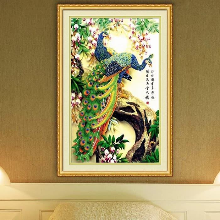 CUCI GUDANG Diamond Painting Full merak hijau sepasang 50 x 80 cm Paket DIY Kit Vertikal Lukisan