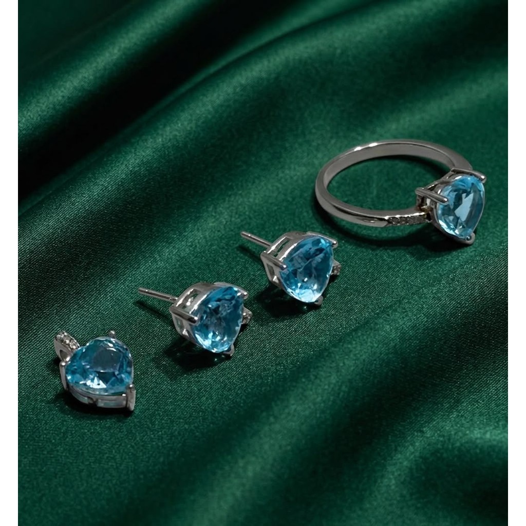 Topaz Love Set by Gemarae | Batu Permata Asli | Natural Blue Topaz Cincin Anting Liontin Kalung Silv