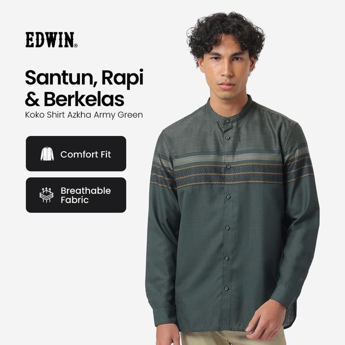 Edwin Jeans - Kemeja Koko Pria Lengan Panjang Azkha Army Green Baju Muslim Pria Top Man Muslim Shirt