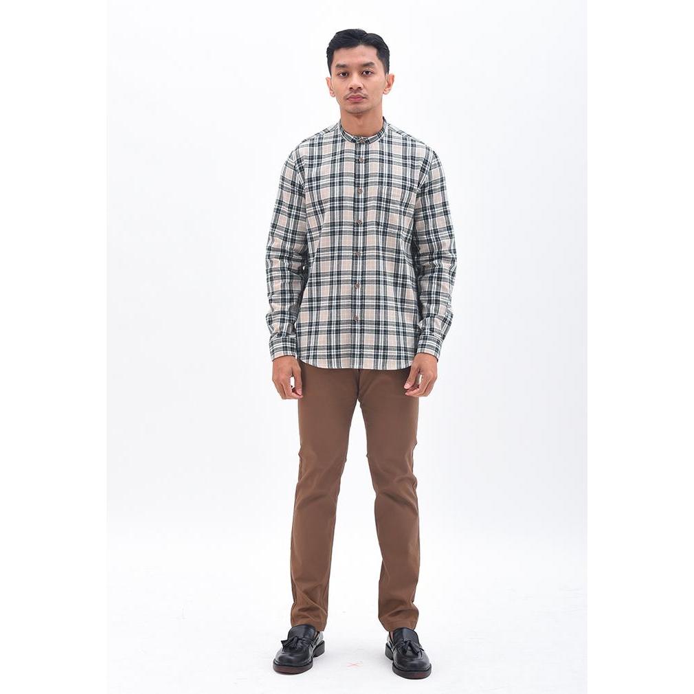 MANZONE Shanghai Lengan Kemeja Shanghai Lengan Panjang Pria Motif Kotak Twill Warna Khaki Ukuran L L