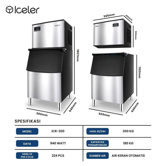 Iceler Mesin Es Batu Commercial Ice Maker Icr-200 200Kg/24Jam Ice Cube Machine 224Pcs/Cycle Garansi