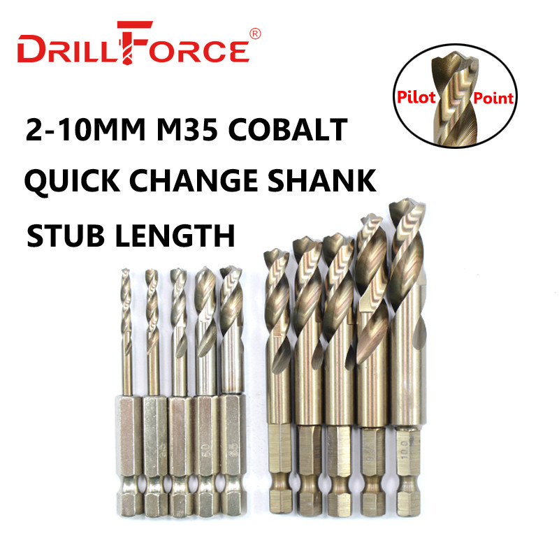 Drillforce 10PCS 2mm-13mm M35 HSSCO Cobalt Drill Bits HSS Twist Hex Quick Change Pilot Point Stub