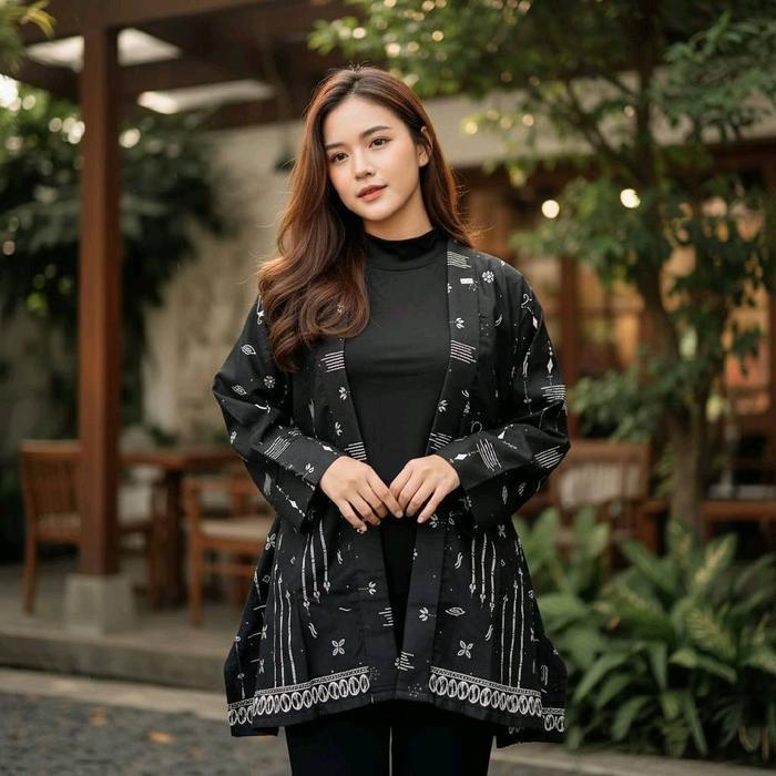 Outer Cardigan Batik Katun Wanita Casual Panjang Motif Remaja - Hitam, All Size LD 114