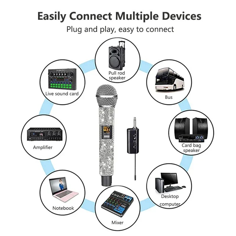 Professional Wireless Microphone with Diamond Type-C Charging Home KTV Outdoor Audio Mic VHF Stage