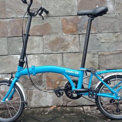SEPEDA LIPAT 16 INCH 3 SPEED TRIFOLD EURONATION BIKE mirip BROMPTON - Biru Muda