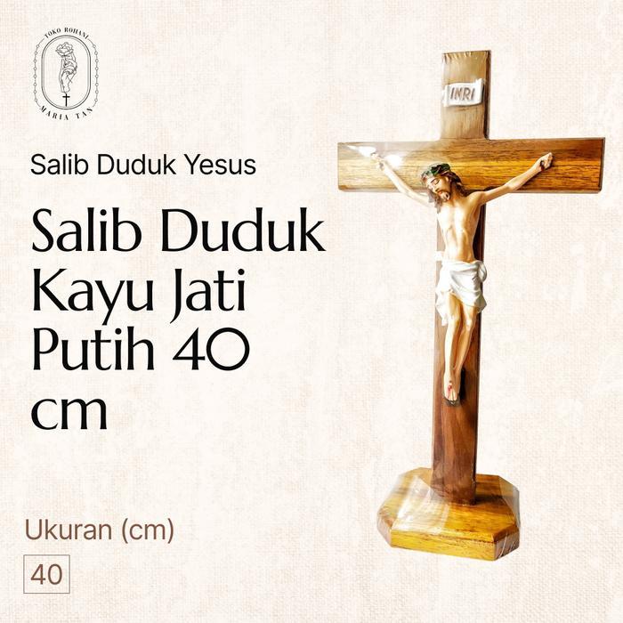 TERLARIS Salib Duduk Katolik Kayu Jati 40 cm Putih - Salib Meja - Salib Rohani - Salib Patung Yesus