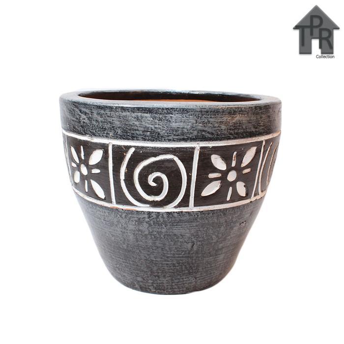 Pot Bunga Tanah Liat Ukir Spiral D30 - Pot Gerabah Besar Cat Duco