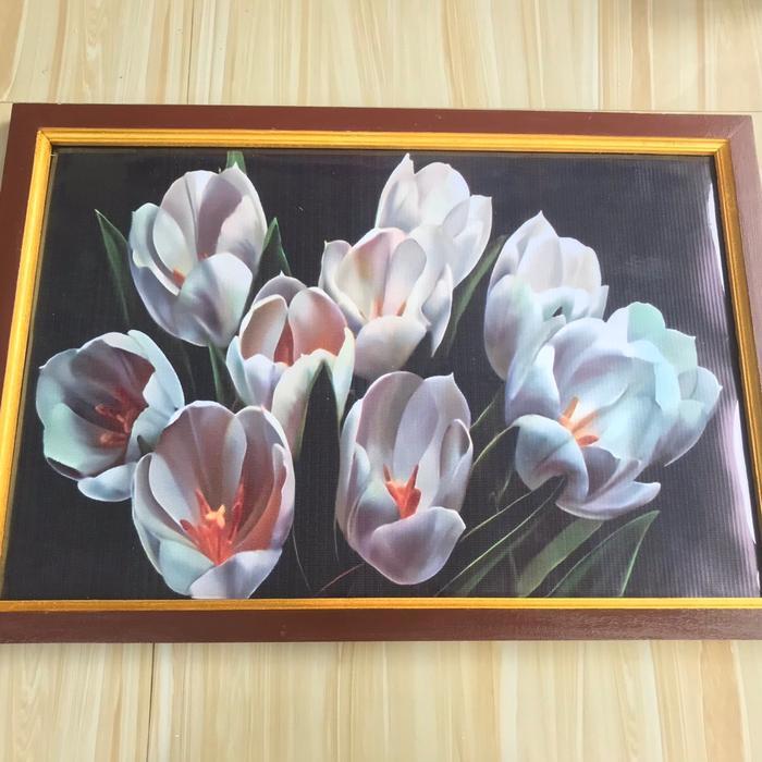 TERMURAH Hiasan dinding lukisan cetak gambar bunga tulip putih plus bingkai Gantungan Paku Gold